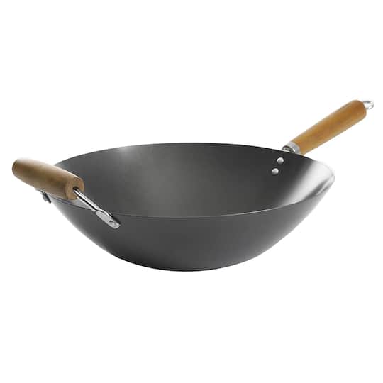 Kenmore® Hammond 14" Black Flat Bottom Carbon Steel Wok with Wooden Handles | Michaels®